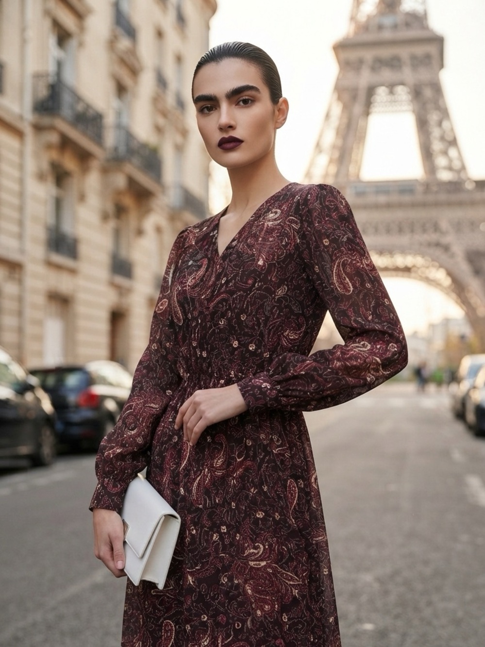 & Other Stories Paris Atelier Paisley Long Sleeve Dress in Burgundy - Picture 3 of 9